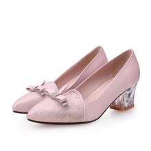 Women’s Pointed Toe Red Bottom Slip-on Med Heel Comfort Pumps OL Style Sweet Bowtie Transparent Heels Genuine Leather Shoe Women