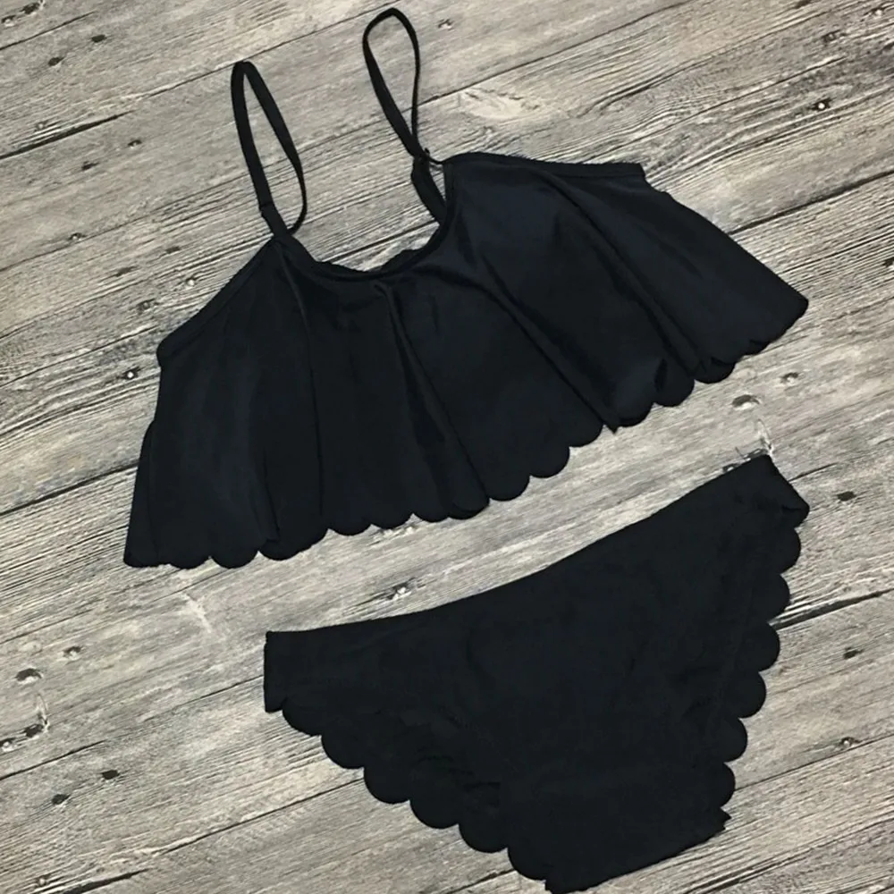 

Black Wave Scollop Bikini Set Sling Bikini Flounce Swimsuit Two Piece Swimwear Push up Bandage Bathing Suit Solid Brazilian Hot