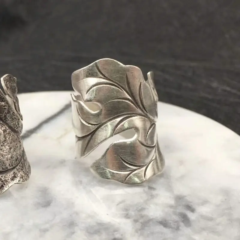 

Solid Silver 925 Wide Leaf Cuff Rings Men Women Handmade Thai Silver Ring Vintage Ethnic Style 925 Sterling Silver Jewelry Gifts