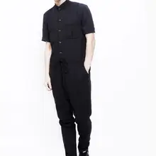 Хит, мужской дизайн, рабочий мужской комбинезон, черный, с карманами, короткий рукав, тонкий, Повседневный, модный, комбинезон, костюмы