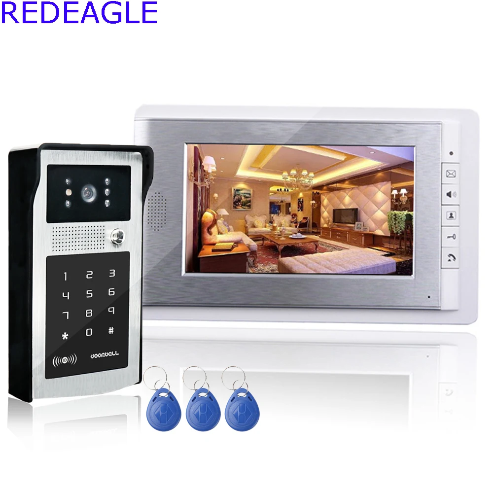 7 inch Wired Color Video Intercom Door Phone System with 1 LCD Monitor + RFID Code Keypad Unlocking Doorbell Camera