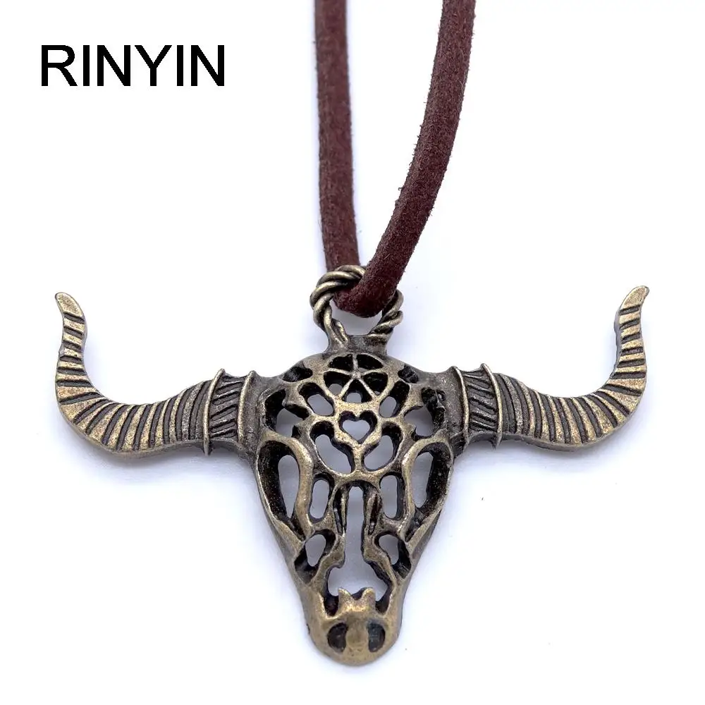 

Long Leather Necklace Retro Jewelry Vintage Necklace Hiphop Rock Style Free Shipping Wholesale Bull Head Pendant