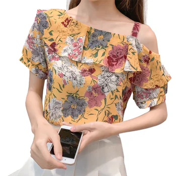 

Women Floral Loose Blouse Fashion Office Lady Off the Shoulder Short Sleeve Elegant Shirt Blouses Summer Tops