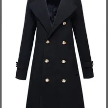 Men Black Military Winter Coat Double Breasted Long Sleeve Woolen Coat