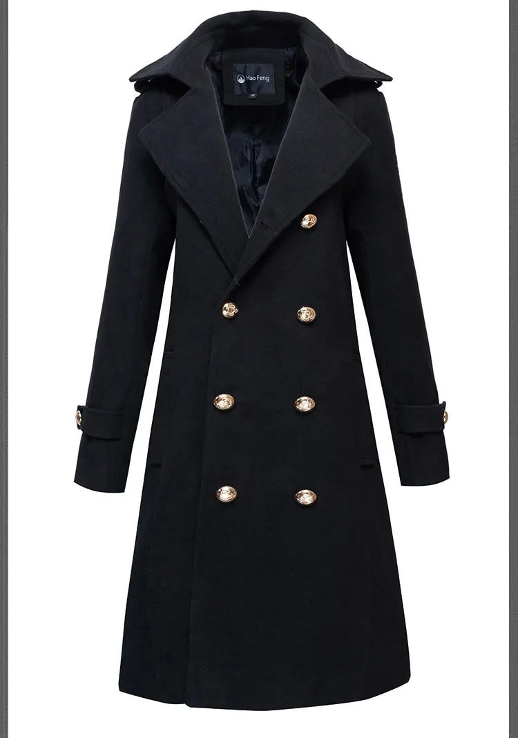 

Men Black Military Winter Coat Double Breasted Long Sleeve Woolen Coat