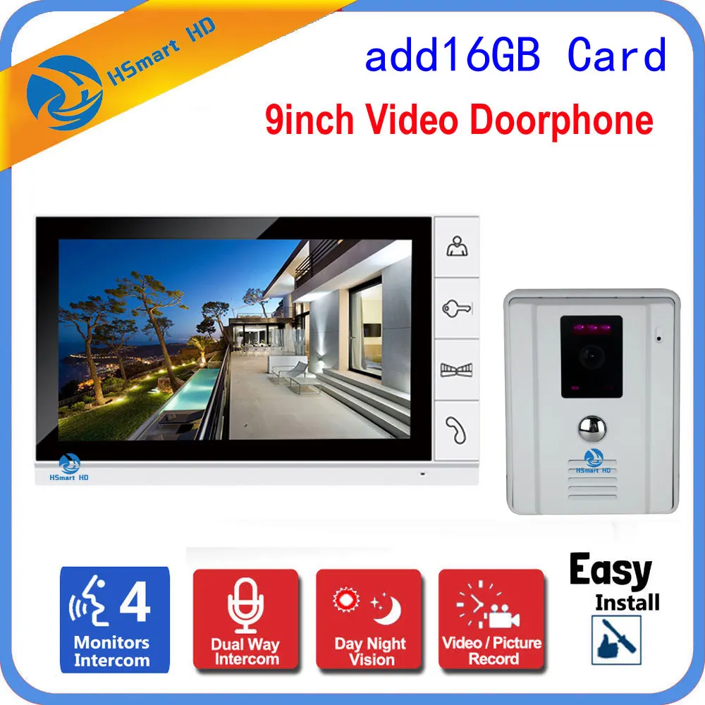 

9" LCD Wired Video Door Phone Visual Video Intercom Speakerphone Outdoor IR Camera Video Recording Intercom System Free 8G Card