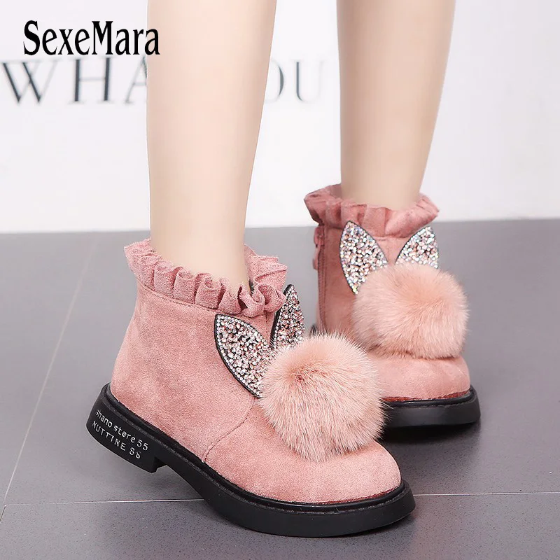

Children's cotton boots for Girls 2018 Fashion Ruffles Girls Ankle Snow Boots Rhinestone Rabbit Princess Kids Shoes Girl B10274