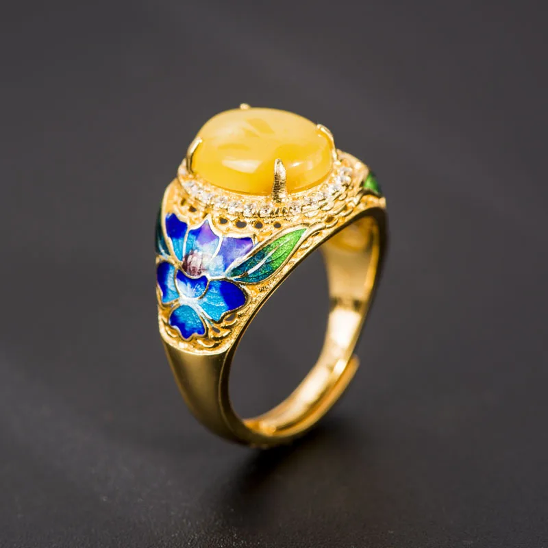 

Retro Silver Jewelry S925 Sterling Silver Cloisonne Natural Beeswax Gems Ring Decoration Design Women Open Ended Ring
