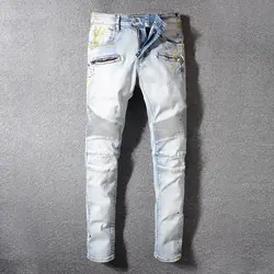 Модные уличные Мужские джинсы Slim Fit paint дизайнерские Печатные Джинсы мужские ретро светло-голубые Сращенные хип-хоп брюки байкерские