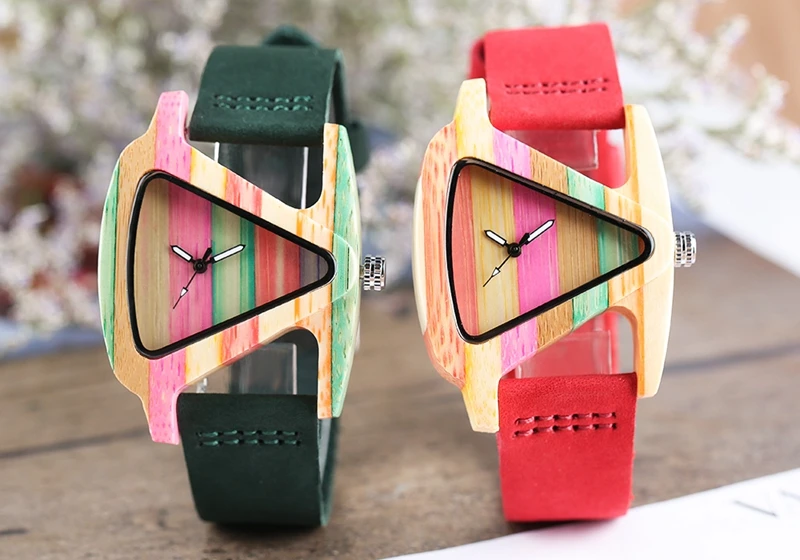 Unique Colorful Wood Watch Creative Triangle Shape Dial Hour Clock Women Quartz Leather Bracelet Watch Women's Wrist Reloj Mujer (23)