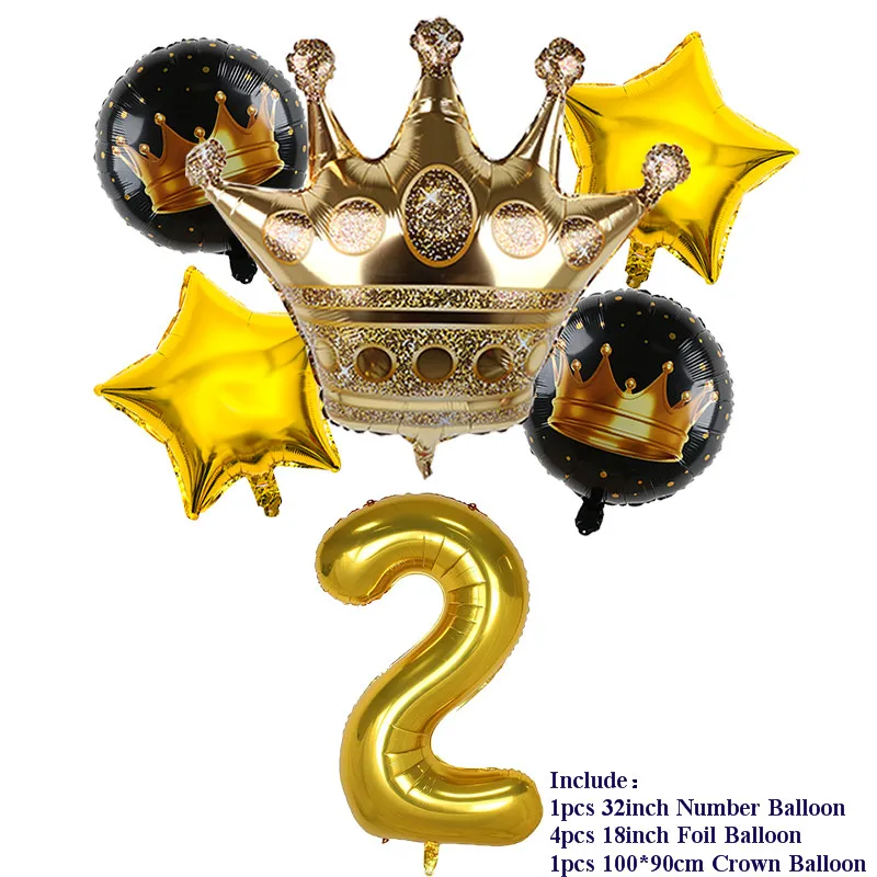 6pcs 32inch Number Foil Balloons 1 2 3 4 5 Years Old Kid Boys Girls Gold Crown Happy Birthday Balloon Baby Shower Decor Supplies