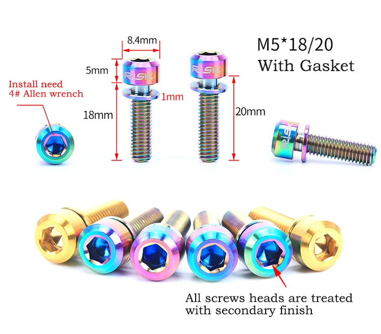 RISK 6 шт., M5* 18 мм, M5* 20 мм, TC4 из титанового сплава, крепежные винты для руля велосипеда, болты для MTB велосипеда, запчасти, 3 цвета