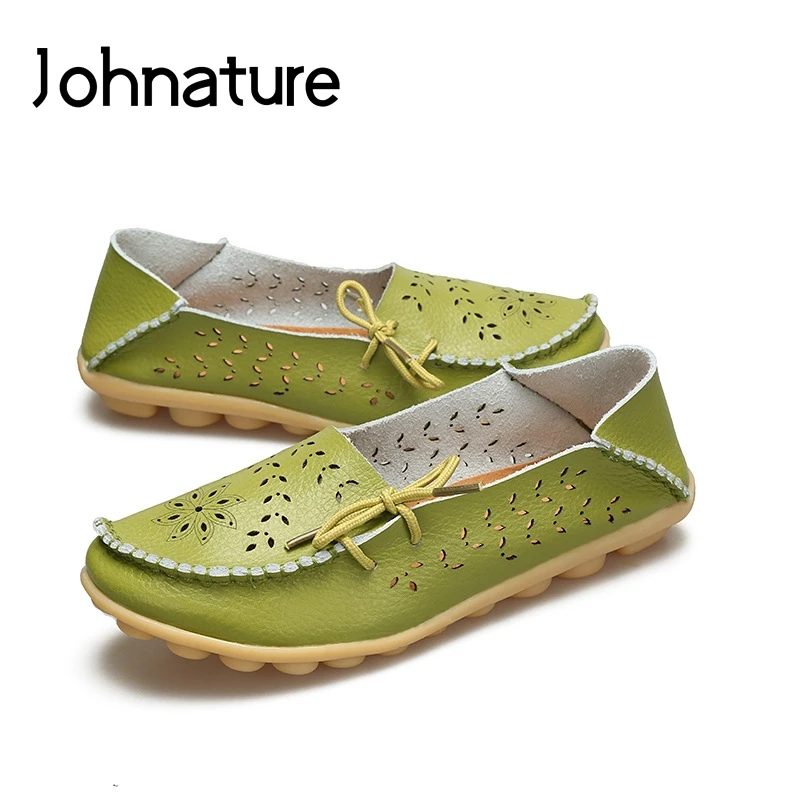 

Johnature 2019 New Spring/autumn Genuine Leather Breathable Round Toe Solid Shallow Hollow Sewing Slip-on Womens Flat Shoes