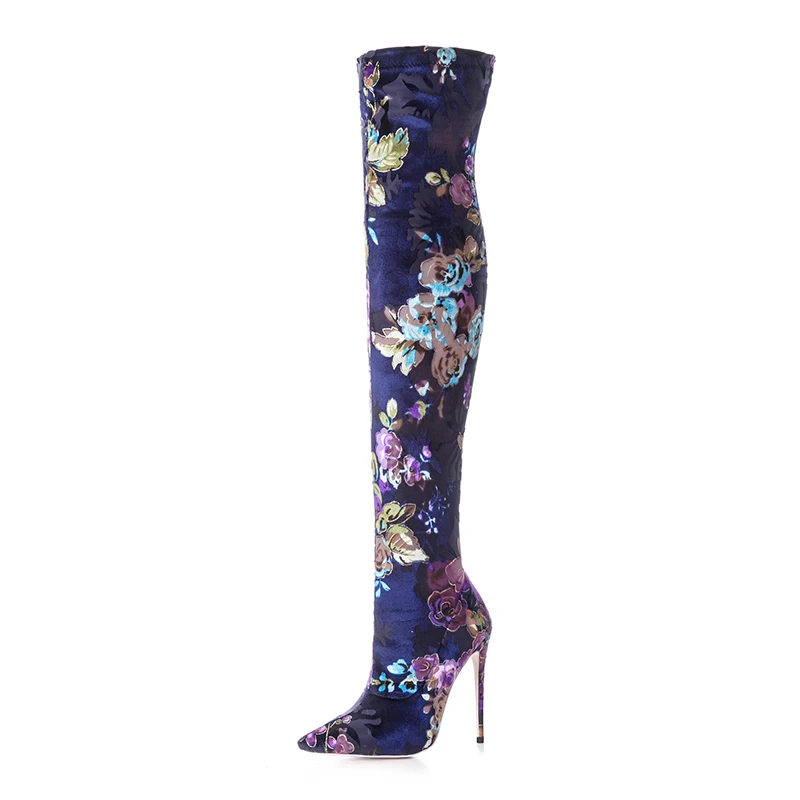 DoraTasia/большие размеры 33-43; Брендовая женская обувь; женские пикантные высокие сапоги высокого качества на высоком каблуке с цветочным принтом; сезон осень-зима - Цвет: Синий