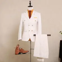 Последние конструкции пальто брюки Бежевый Жених Смокинги для женихов индивидуальные в полоску Блейзер 3 предмета двубортный мужские свадебные Пром ужин Костюмы