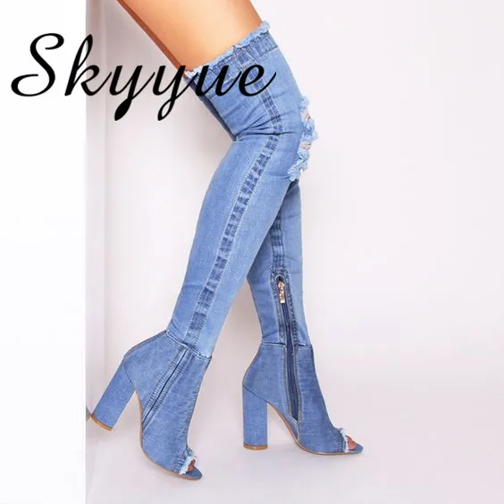 Jeans Denim Gladiator Fringe Blue Over The Knee HIgh Thigh HIgh Autumn Boots Sexy Open Toe Chunky Heel Women Boots Jeans Denim Gladiator Fringe Blue Over The Knee HIgh Thigh HIgh Autumn Boots Sexy Open Toe Chunky Heel Women Boots
