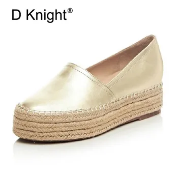 

New Women's Casual Slip-on Genuine Leather Loafers Ladies Leisure Straw Braid Platform Shoes Vintage Cow Leather Women's Flats