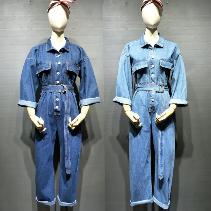 Модный стиль сафари Джинсовые комбинезоны Для женщин осеннее платье с ...