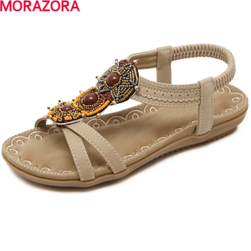 

MORAZORA beading summer shoes PU women ethnic style fashion party shoes elastic band platform shoes big size 35-42