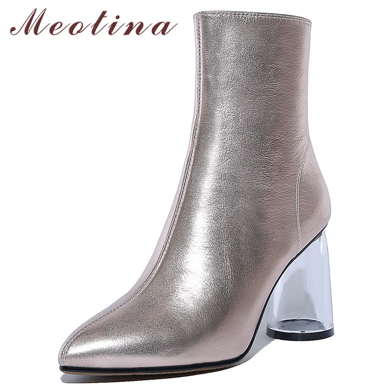 

Meotina Genuine Leather Ankle Boots Women Transparent Round Heels Short Boots Cow Leather Zip Super High Heel Shoes Ladies 34-39