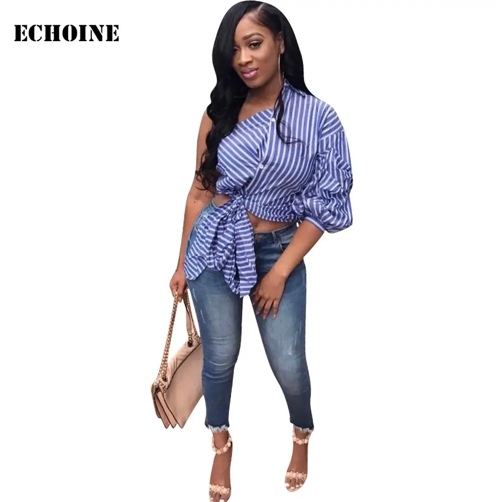 

Echoine Women Striped Blouse Shirt One Sleeve Irregular Casual Tops Blouse et Chemisier Femme Blusas Crop Top Sexy Bow Shirt