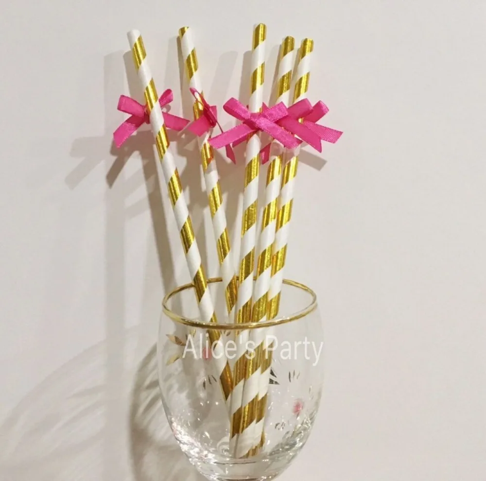 Handmade 20pcs/lot Gold ECO straws With Rose Bow tie Fancy Straw Paper