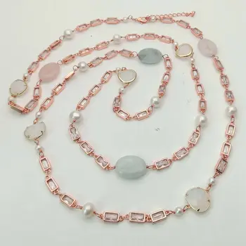 

51'' White Pearl Mixed Color Oval Morganite Rose Golden Chain Necklace