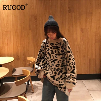 

RUGOD Vintage Leopard Long Women Sweater 2019 Plus Size Knitted Casual Women Tops Loose O-Neck Women Pullovers jersey mujer
