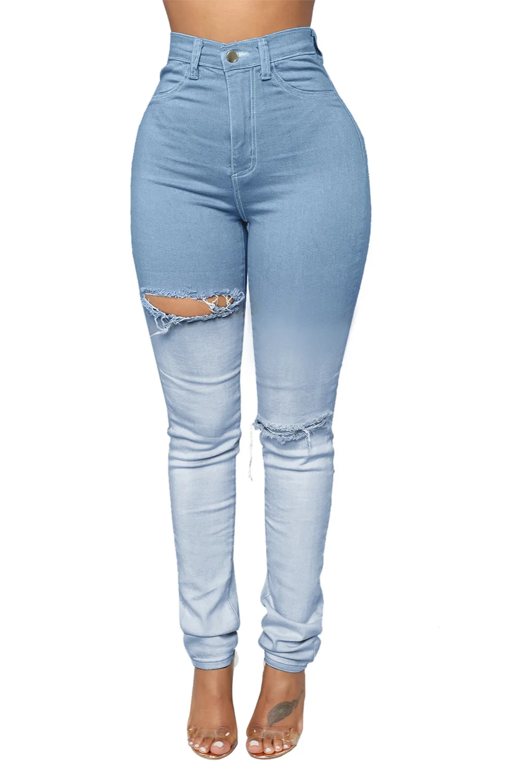 Длинные штаны осень зима Основные Высокая талия брюки для Для женщин тощий Light Blue Ombre Bleach Wash Ripped карандаш джинсы 786073
