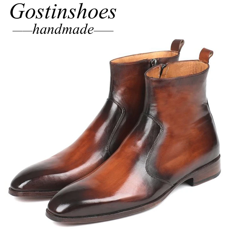 

GOSTINSHOES HANDMADE Goodyear Welted Luxury Ankle Boots Men Genuine Leather Winter Snow Work Safty Army Motorcyle Boots SCT48-51