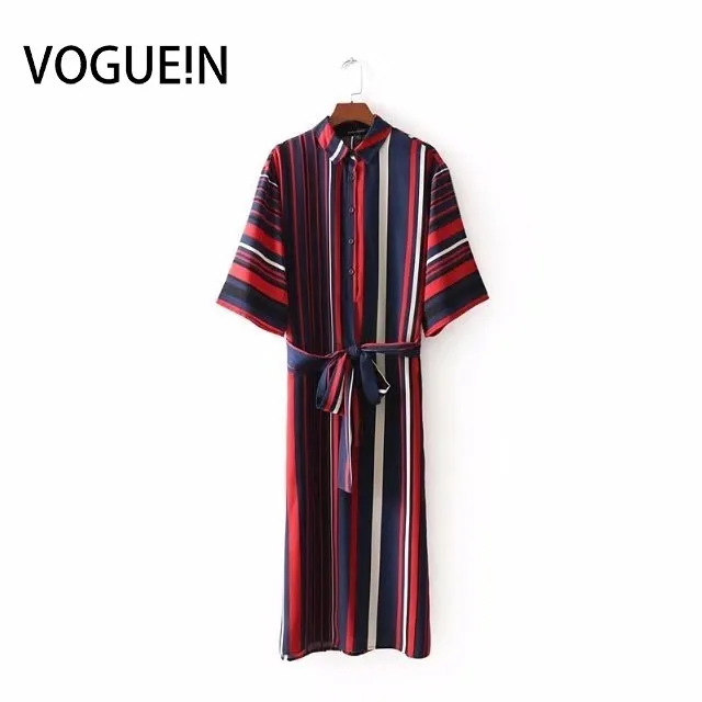 

VOGUEIN New Womens Striped Print Half Sleeve Button Down Long Shirt Blouse Tops Wholesale