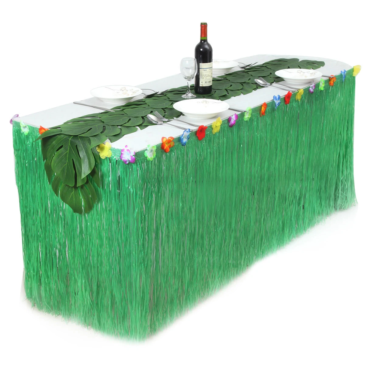 BESTOYARD Hawaiian Luau Table Skirt With 12 Pcs Artificial Tropical
