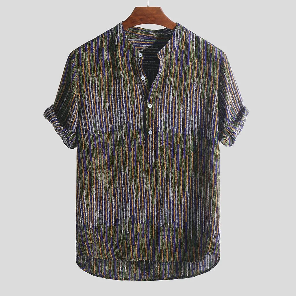 

New Arrivals Slim Fit Male Shirt Mens Ethnic Printed Stand Collar Colorful Stripe Short Sleeve Loose Henley Shirt M-3XL sales#30