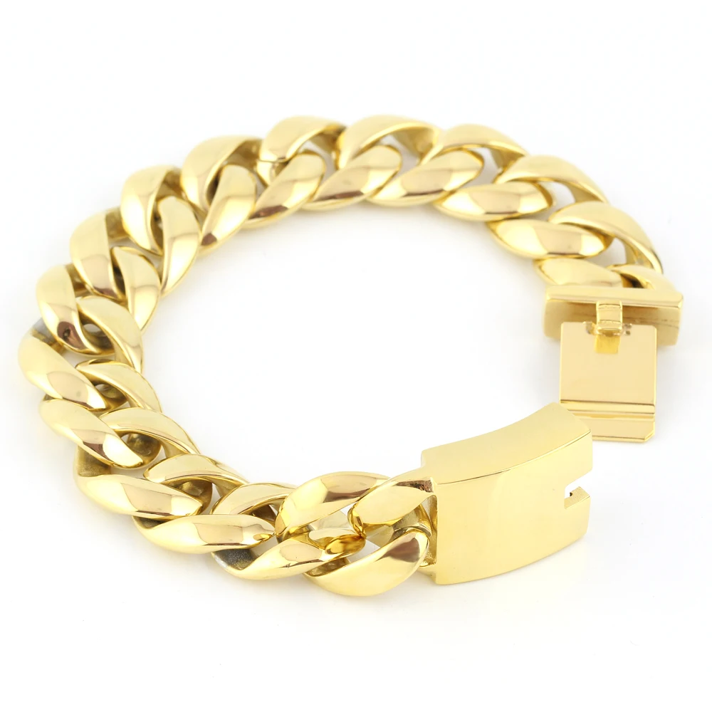 Men's Bracelets Gold Chain Link Bracelet Stainless Steel 17mm Width