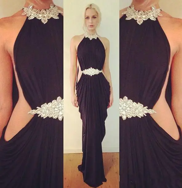 2014 Unique White Sheath High Collar Inspired by Michael Costello Evening Dress Pick-up Pleat Sleeveless Rhinestone Chiffon Prom Dresses (4)