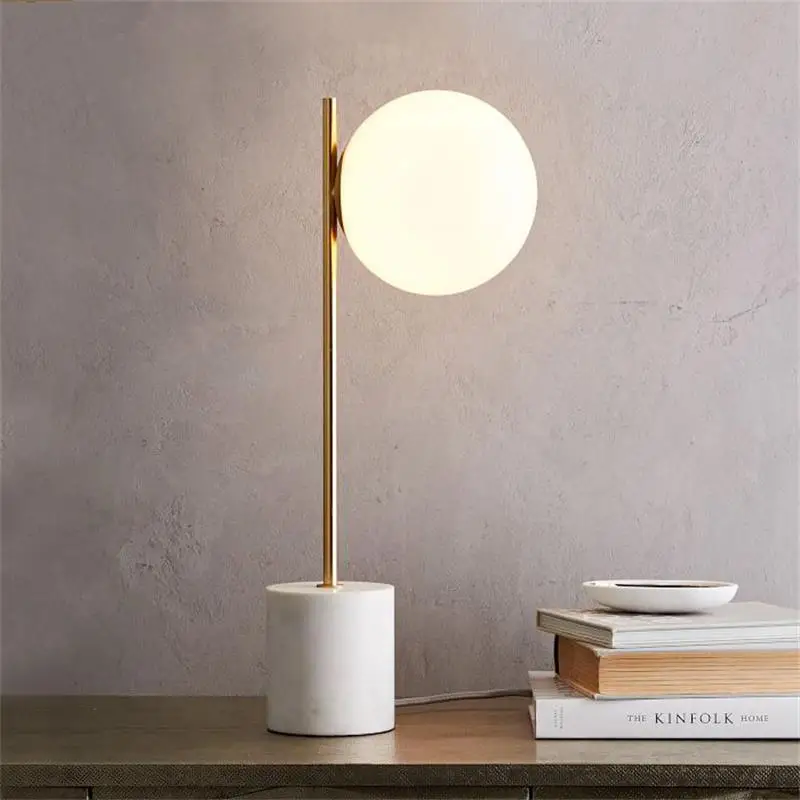 

Simple Modern Elegant Table Lamps White Glass Frosted Round Lampshade Marble Base Useful and Comfortable Table Lamps In Room