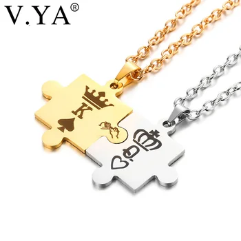 

V.YA Fashion 2Pcs Romantic K & Q Couple Necklaces High Quality Splice Stainless Steel Pendant Gold Silvery Color Crown Jewelry