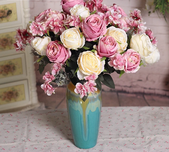 Высокое качество кремовый цвет Шелковый цветок Европейский Осень яркий букет из роз для свадьбы Вечерние украшения дома свадебные украшения