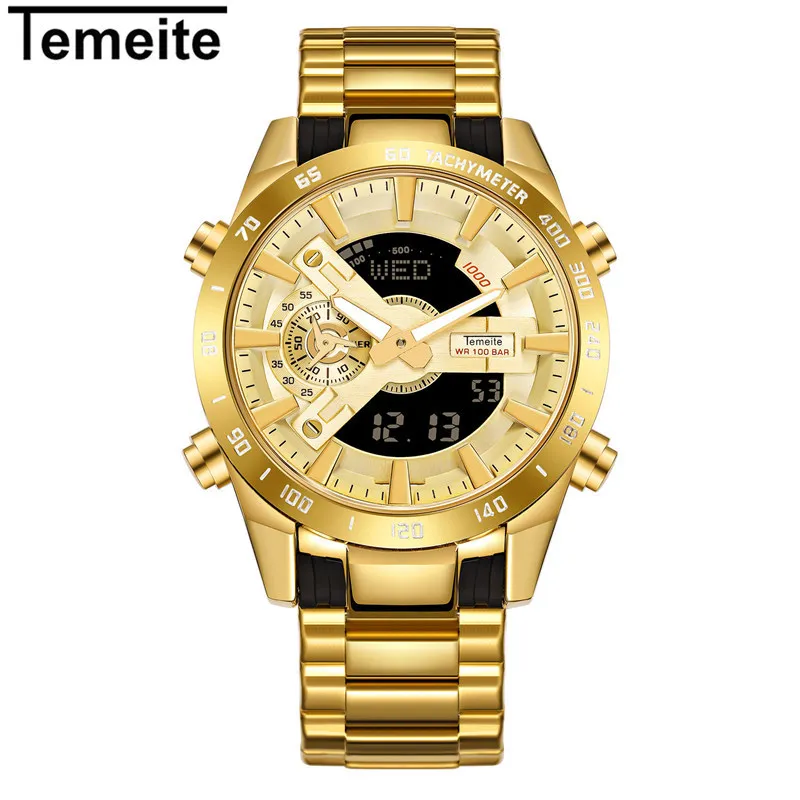 

TEMEITE brand men wristwatch quartz stainless steel waterproof man watches Multifunction mens watch luxury gold Alarm