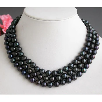 

Fashion Women Pearl Jewellery Gift,3Rows 17-19inches AA 9-10MM Round Black Freshwater Pearl Necklace,Perfect Birthday Party Gift