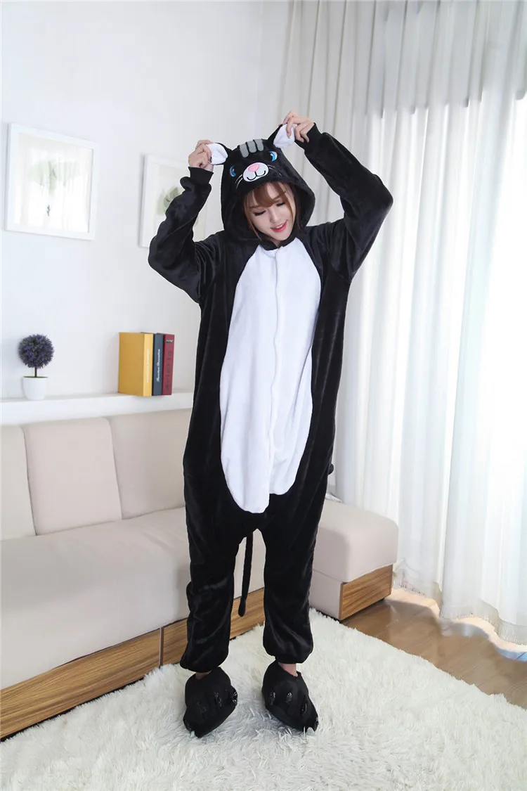 

Winter Black Cat Onesies Flannel Pajama Adult Sleepwear Unisex Cosplay Costume Animal Pyjamas Homewear