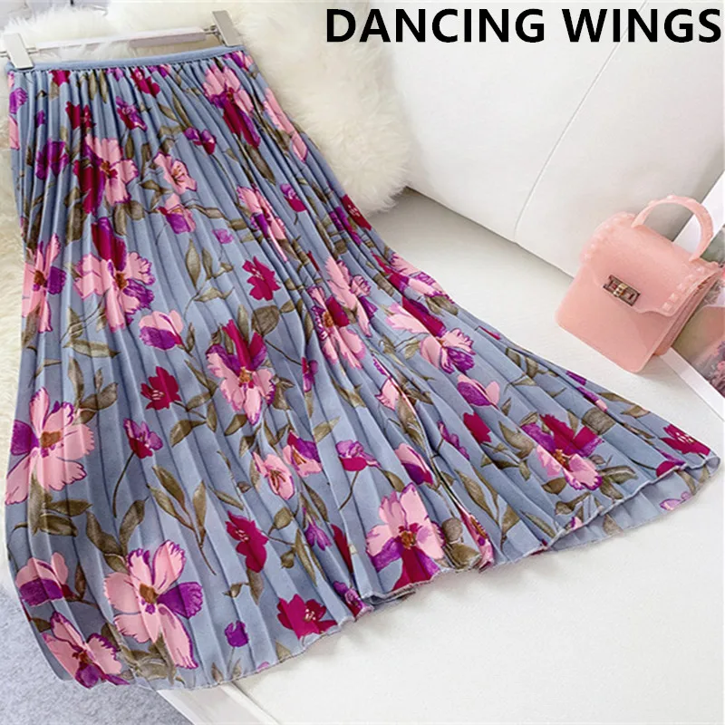 Summer Autumn Women Skirts Floral Printing Midi Pleated Skirt High Elasticity Jupe Femme Chiffon Skirts