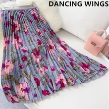 Summer Autumn Women Skirts Floral Printing Midi Pleated Skirt High Elasticity Jupe Femme Chiffon Skirts