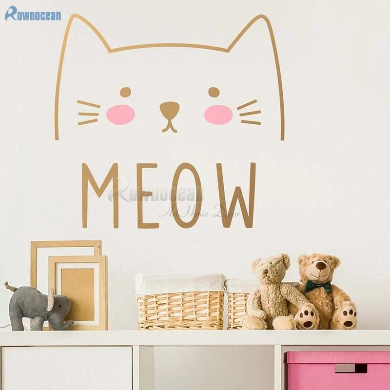 Cartoon MEOW Cute Cat Wall Decals Vinyl Home Decor For Kids Bedroom