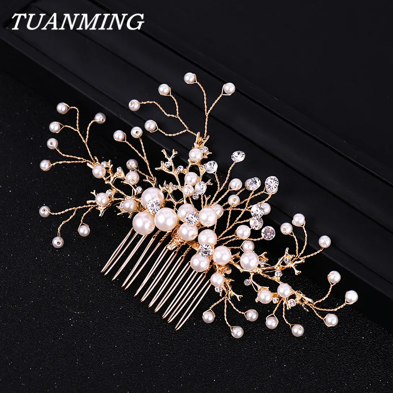 

Wedding Pearl Hair Comb Bride Head Ornaments Golden Pearl Rhinestone Bride Hair Combs Jewelry Accessories Trendy