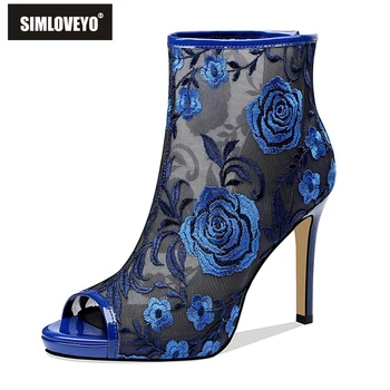 

SIMLOVEYO Summer Peep Toe Sandals Mesh Female Ankle Boots Thick High Heel Sexy Mujer Embroider Gladiator Sandals Women Size 40