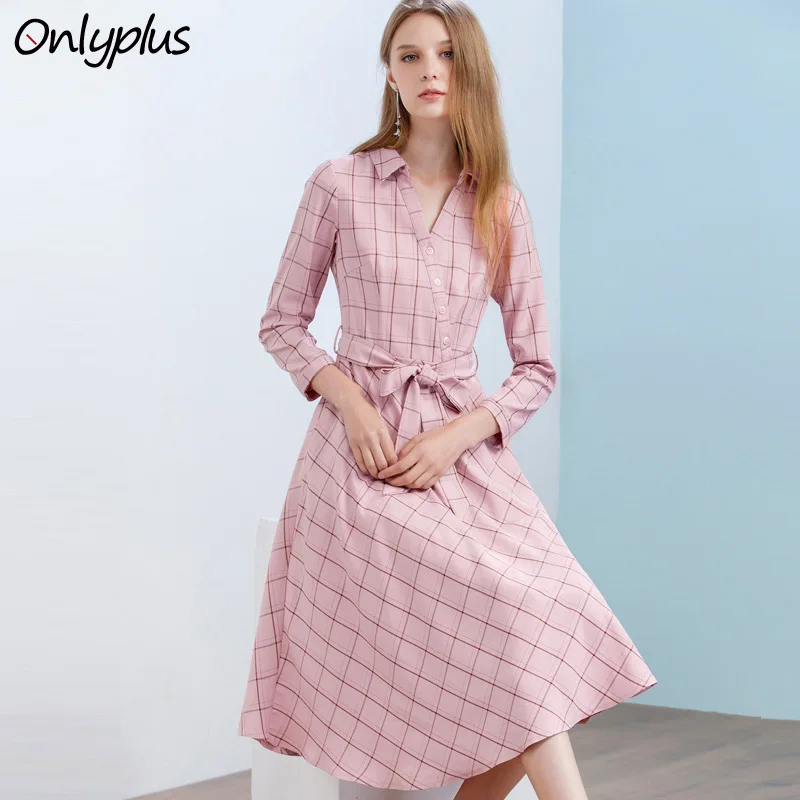 Женское клетчатое платье Onlyplus розовое элегантное Хлопковое до колена с отложным