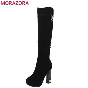 

MORAZORA 2018 new arrival round toe platform shoes zipper autumn winter knee high boots women high heels party wedding shoes