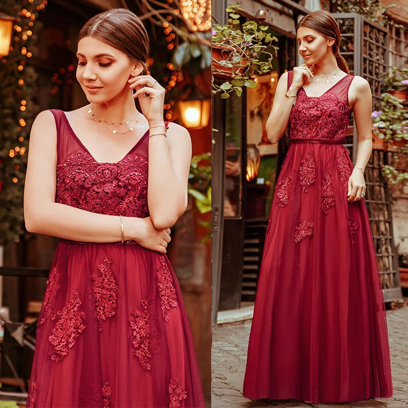 Black Prom Dresses Elegant Ever Pretty EP07723 New Arrival A-line Sleeveless Tulle Burgundy Long Party Gowns Vestido De Gala