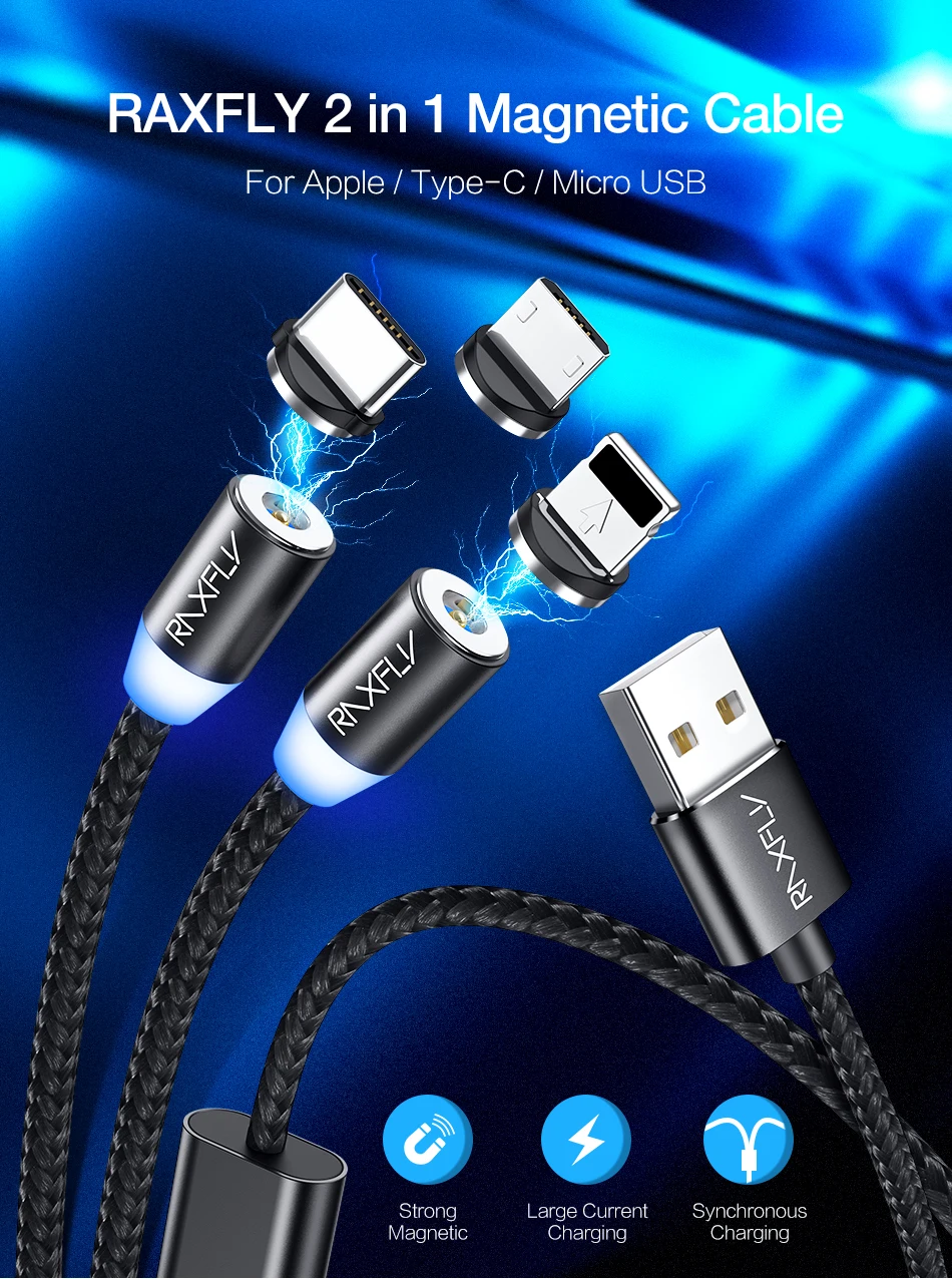 2 в 1 Магнитный кабель RAXFLY Lighting to usb type C кабель для iPhone X 7 XS Max Магнитная Зарядка Micro USB провод магнит зарядное устройство